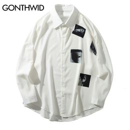 Men's Casual Shirts GONTHWID Creative Print Long Sleeve Dress Hip Hop Harajuku Urban Button Donw Streetwear Shirt Tops Fashion 230810