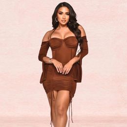 Casual Dresses 2023 Autumn Sexy Club Young Solid Drawstring Pleated Style Strapless Full Sleeve Fashion High Waist Short Pencil Dress