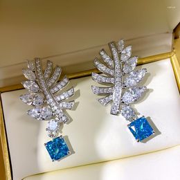 Hoop Earrings S925 Silver Handmade Inlaid 7 Aquamarine Princess Square Feather Jewellery Accessories