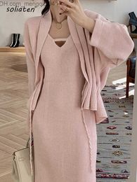 Women's Sweaters 2023 Spring Women's Pink Knitted Set Women's Two Piece Solid Loose Hollow Cardigan Sweater Pendant Dress Women's Outfi C-032 Z230811