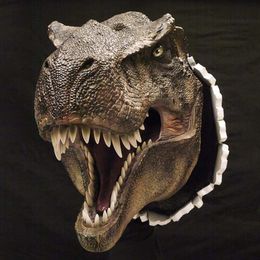 Decorative Objects Figurines Dinosaur Wall Mounted Sculpture 3D Wall Bursting Hanging Dinosaur Head Resin Dinosaur Head with Claws Home Decor 230810