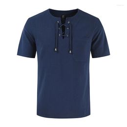 Men's T Shirts Short Sleeve T-Shirt Cotton Linen Top Hollow Tie Round Neck Loose Casual Solid Colour
