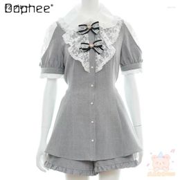Women's Tracksuits Japanese Women Outfits Two Bow Suit Lolita Sweet Lace Stitching Mine Bowknot Brooch Dress Culottes Short Sleeve Tops