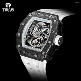 Wristwatches TSAR BOMBA 2023 Luxury Mens Automatic Watch Waterproof Carbon Fibre Clock Tonneau Skeleton Mechanical Wrist For Men