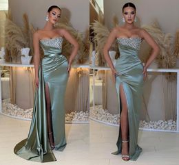 Gorgousl Olive Green Mermaid Split Evening Dresses With Detachable Skirt Sexy Sequins Crystals Strapless Neck Pleats Ruffles Long Prom Party Gowns BC16335