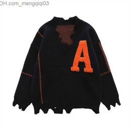 Men's Sweaters Irregular hem wear letter embroidery V-neck casual sweater for men and women high street retro pull-up knit autumn wear Z230811