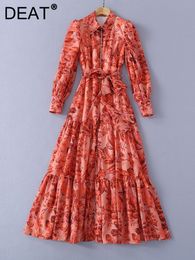 Basic Casual Dresses DEAT Evening Women Print Long Sleeve Belt A line Elegant Single Breasted Meidum Autumn Winter Fashion 2023 15G0825 230810
