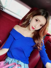 Women's Sweaters Fashion Women Sexy Off Shoulder Slash Neck Cross Thread Knitted Short Sleeve Bodycon Tunic Sweater Shirt Tops