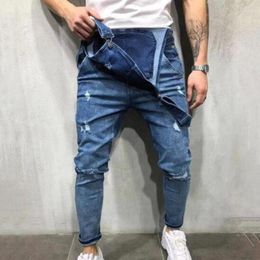 Men's Jeans Jumpsuit Overalls Ruffled Hole Button Fashion Wear Casual