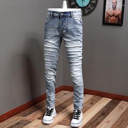 Men's Jeans Italian Style Fashion Men Retro Light Blue Stretch Slim Fit Ripped Denim Trousers Vintage Designer Pants Hombre