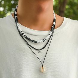 Polymer Clay and Small Seed Beads Chain with Shell Pendant Necklace Men Layered Separable Chain on Neck Accessories Male Jewellery