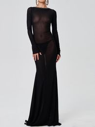 Casual Dresses Sexy Mesh Sheer See Through Backless Women O Neck Long Sleeve Cross Tie-Up Dress Summer Lady Holiday Vestidos