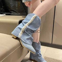 Boots Rimocy Fashion Pleated Denim Ankle Boots Women Poined Toe Tassels Square Heels Short Boots Woman Autumn Med Heel Booties Mujer J230811