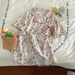 Women's Sleepwear Sweet Cute Cardigan Pyjamas Summer Flower Print Short-sleeved Women Home Clothes Two-piece Set
