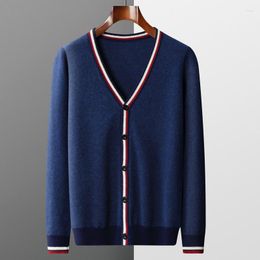 Men's Sweaters Autumn And Winter Cashmere Sweater V-Neck Colour Contrast Long-Sleeved Cardigan Loose Large Coat 100 Pure Wool Knitting