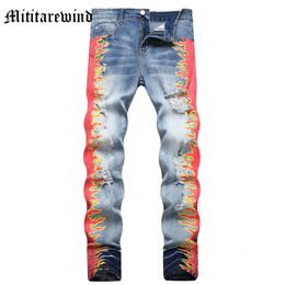 Men's Jeans Summer Design A Ripped Hole Casual Spliced Side Flame Print Trousers Distressed Vintage Slim Pants Clothing 230810