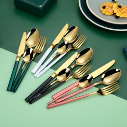 Dinnerware Sets Solid Color Stainless Steel Metal Knife Fork Spoon Cutlery Set Household Dining Table Steak For Restaurant