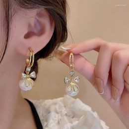 Dangle Earrings 2023 Korean Bow Pearl For Women Girls Luxury Shiny Crystal Zircon Bowknot Wedding Jewellery Party