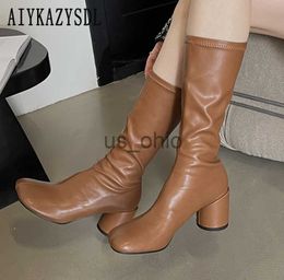 Boots AIYKAZYSDL 2023 Autumn Midcalf Boots PU Leather Thick Med Block Heel Short Booties Knight Ankle Boots Women Brown White J230811