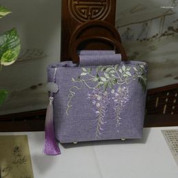 Storage Bags Retro Wisteria Embroidery Ethnic Chinese Origninal Design Cotton And Linen Solid Wood Handle Portable Lady Bag
