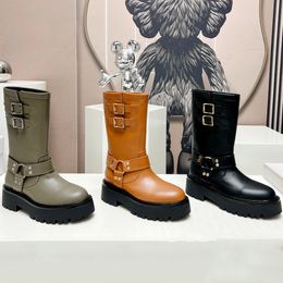 2023 Tasarımcı Avustralya Hantal Triomphe Mid Biker Siyah Botlar Vintage İngiliz Tarzı Knight Boots Sonbahar Kış Yumuşak Deri Kovboy Motosiklet Boot