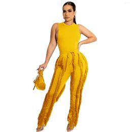 Women's Two Piece Pants Fashion Solid Romper Casual Tank Top & Tassel Decor Drawstring Set Skinny Jumpsuits Summer Female Outfit Streetwear