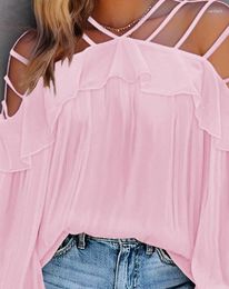 Women's Blouses European And American 2023 Summer Sale Slim Fit Lantern Sleeves Cold Shoulder Ruffle Hem Split Sexy Top