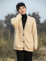 Women's Knits Pure Goat Cashmere Cardigan Women V-neck Korean Fashion Loose Large Size Knitwear High Quality Soft Sweater Jacket