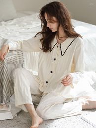 Women's Womens Sleepwear Spring Cotton Women Pajamas Black Button Long Sleeves Homewear Pjs Bedroom Suits White Solid Color Femme Pyjamas Xi98