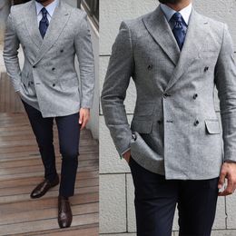 Custom Hommes Made Groomsmen Grey Groom Tuxedos Peaked Lapel Suits 2 Pcs Wedding ( Jacket+Pants )Costume Homme