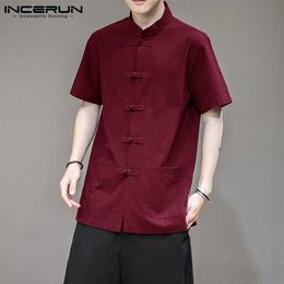 Men's Casual Shirts INCERUN Chinese Style Men Shirt Solid Colour Mandarin Collar Cotton Vintage Tang Suit Button Short Sleeve 300w