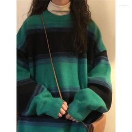 Women's Sweaters Retro Personality Street Style Green Striped Round Neck Knitted Sweater Women Autumn Winter Lazy Versatile Top Coat