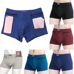 Underpants Men Booty Shorts Two Zippers Pockets Anti-Theft Briefs Men's Underwear Cotton Mens Boxers