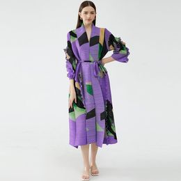 Casual Dresses P00110# EAEOVNI Autumn Women's Dress Loose Printed Pleats Mid Waist Lace Up Petal Sleeve A-line Skirt Fold Commuting Style