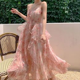 Casual Dresses Korean Summer Women Elegant Floral Sleeveless Sling Long Dress Backless V Neck A Line Slim Fit Vestidos 2023