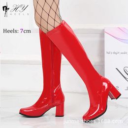 Gogo Boots Network Red Lacquer Leather Elastic Boots Thick Heel Versatile Mid length Boots Square Head Slim Large and Small Women's Boots 230811