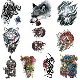 Temporary Tattoos 10 Styles Cool Men's Temporary Tattoos Fake Stickers Wolf Tiger Dragon Body Art Black Transfer Waterproof Arm Tattoo Sticker Man 230811