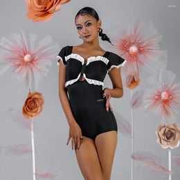 Stage Wear Short Sleeve Lotus Line Design Female Latin Dance Bodysuit For Women Dress Competition Ballroom Dancing Costume W23C257