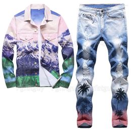 Men's Tracksuits 2023 Summer Slim Pant Sets 2-piece Jacket And Jeans Lapel Long Sleeve Casual Print Clothing Stretch Set