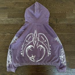 Mens Hoodies Sweatshirts Y2K High Street Trend Print Purple Retro Casual Oversized Sweatshirt Women Round Centre American Loose Zipper Hoodie Men 230811