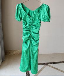 Summer New G-an-l Green U-neck Bubble Sleeve Slim Fit Pleated Sexy Silk Satin Dress Women's Suit-2023
