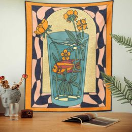 Tapestries Vintage Inspired Tapestry Wall Hanging vase goldfish flower Decor Minimalist Print Bohemian Art Wall Decor Mural