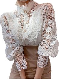 White Lace Blouse Women Spring Summer Sexy Long Sleeve Pearl Button Flower Hollow Out Blouse See Through Mesh Shirt Tops