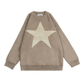 Mens Sweaters Harajuku Letter Five Stars Print Crew Neck Pullover Sweater for Men Retro High Street Casual Oversized Pull Homme Knitted Tops 230811