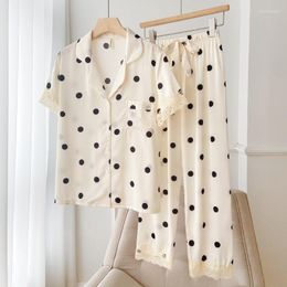 Women's Sleepwear Summer Polka Dot Pyjamas Set Women Pyjamas Suit Lingerie Casual Lapel Silky Satin Nightwear Home Clothes