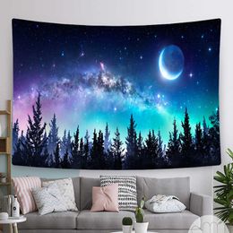 Tapestries Forest Mysterious Starry Sky Tapestry Wall Hanging Room Trees and Stars Jungle Moon Tapestry Home Can Be Customised