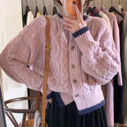 Women's Knits Pink Knit Cardigan 2023 Spring And Autumn Korean Fashion Rose Button Design Round Neck Top Coat Sweater