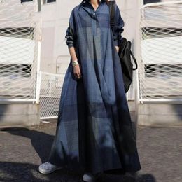 Casual Dresses Ladies Dress Oversized Colorblock Vintage Ethnic Style Lady Long Sleeve Loose Lapel Ankle Length Maxi