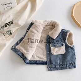 Jackets New Fashion Denim Child Waistcoat Winter Coats Warm Fleece Baby Girls Boys Vest Kids Outfits Children Outerwear For 70140cm x0811