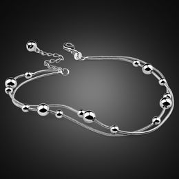 Anklets Fashion simple 100% 925 Sterling silver women anklets Bracelets Solid silver double bead chains Beach barefoot sandals jewelry 230810